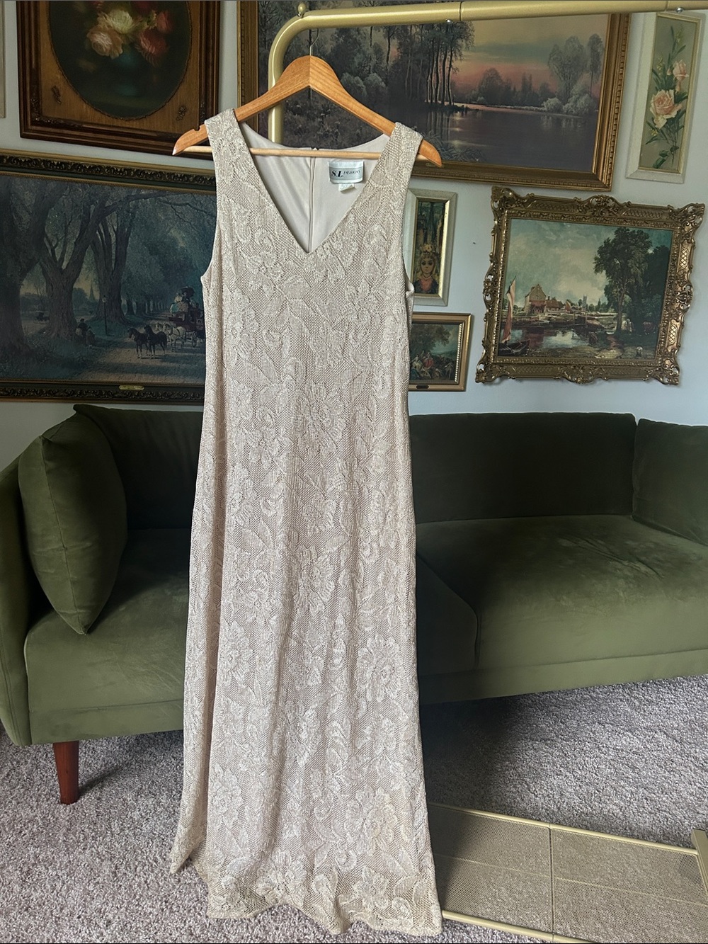 Vintage S.L. Fashions Lace Maxi Dress in Champagne With Gold Accents